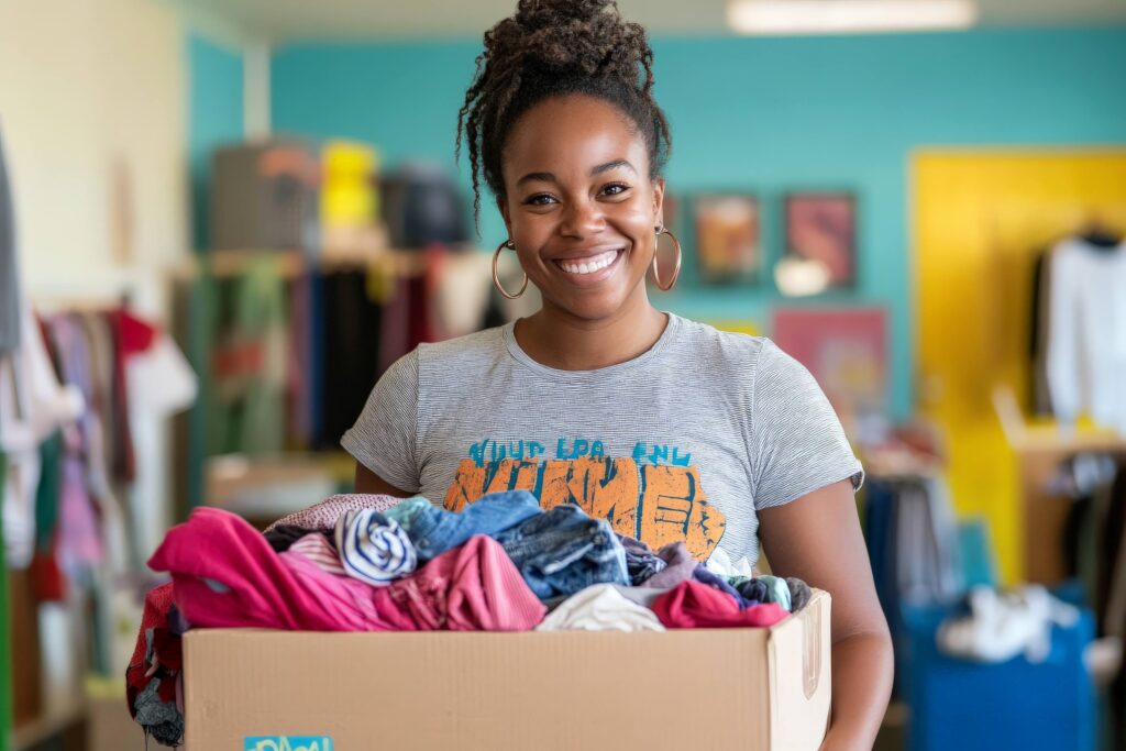 Woman smiling while holding box of clothes to donate